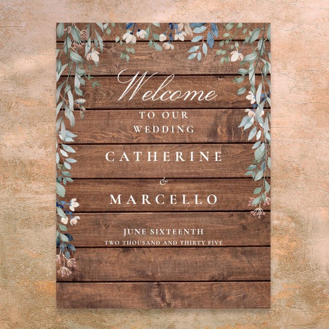 Poster Sinal de boas-vindas do Cascata Floral de Madeira  (Rustic Wood Floral Cascade Wedding Welcome Sign)