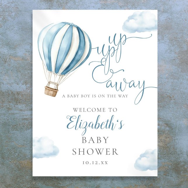 Poster Sinal de boas-vindas do Chá de fraldas Blue Hot Ai (Blue Hot Air Balloon Boy Baby Shower Welcome Sign)