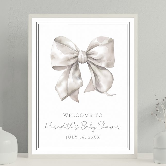 Poster Sinal de boas-vindas do Chá de fraldas branco (White Bow Baby Shower Welcome Sign)