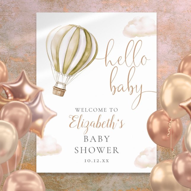 Poster Sinal de boas-vindas do Chá de fraldas de ar quent (Cute Hot Air Balloon Baby Shower Welcome Sign)