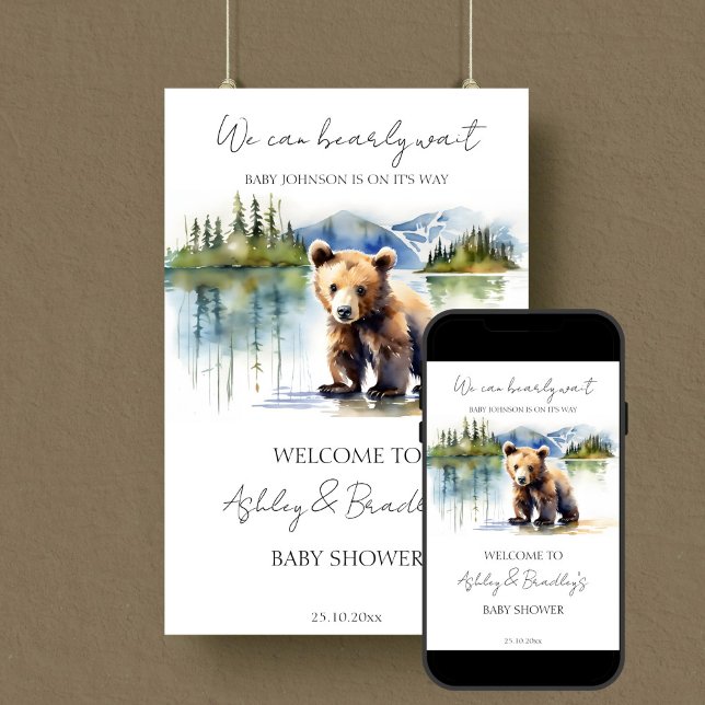 Poster Sinal de boas-vindas do chá de fraldas de aventura (Bearly wait adventure awaits national parks themed baby shower welcome sign template download)