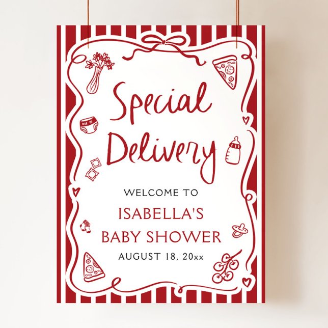 Poster Sinal de boas-vindas do Chá de fraldas de entrega  (Hand Drawn Italian Special Delivery Baby Shower Welcome Sign)