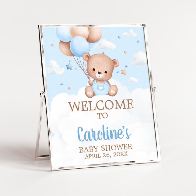 Poster Sinal de boas-vindas do Chá de fraldas do Urso Azu (Blue Boy Teddy Bear Clouds Balloon Baby Shower Sign)