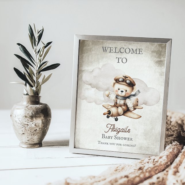 Poster Sinal de boas-vindas do Chá de fraldas do Urso de  (Cute "Special Delivery Via Airmail . . . It's A Boy!" Teddy Bear | Airplane Baby Shower Welcome Sign)