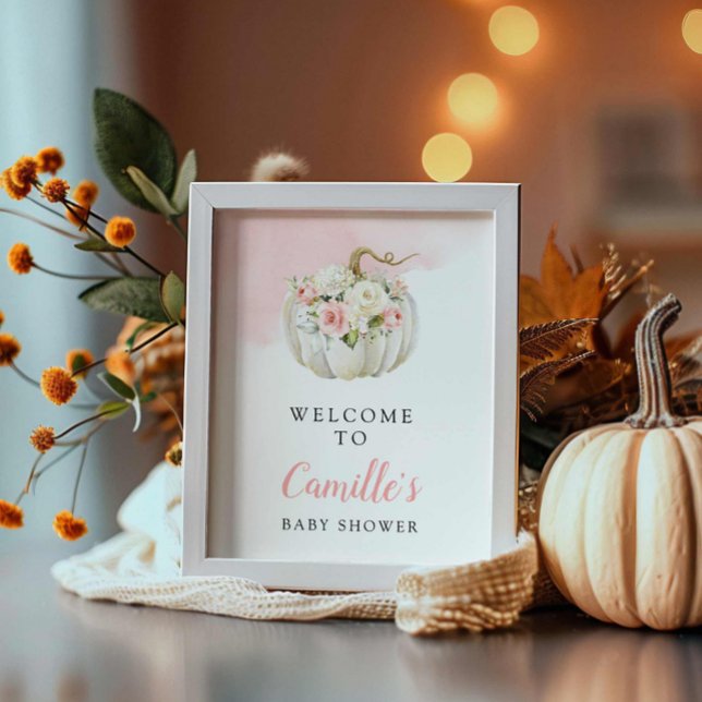 Poster Sinal de boas-vindas do Chá de fraldas Floral da M (Fall Pumpkin Girl Baby Shower Welcome Sign)