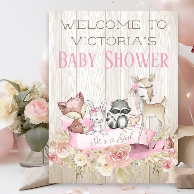 Poster Sinal de boas-vindas do Chá de fraldas Girls Woodl (Sweet woodland baby shower welcome sign. Simply add your event details.)