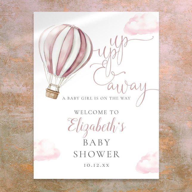 Poster Sinal de boas-vindas do Chá de fraldas Pink Hot Ai (Pink Hot Air Balloon Baby Shower Welcome Sign)