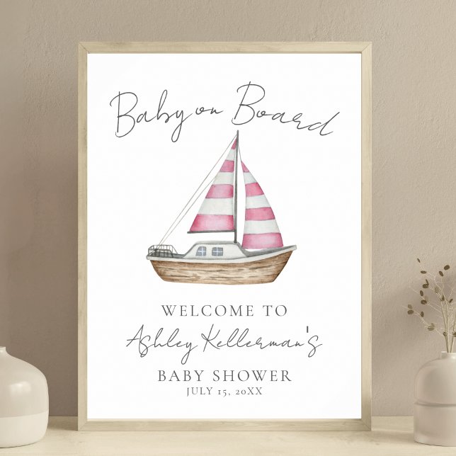 Poster Sinal de boas-vindas do Chá de fraldas rosa náutic (Nautical Pink Baby Shower Welcome Sign)