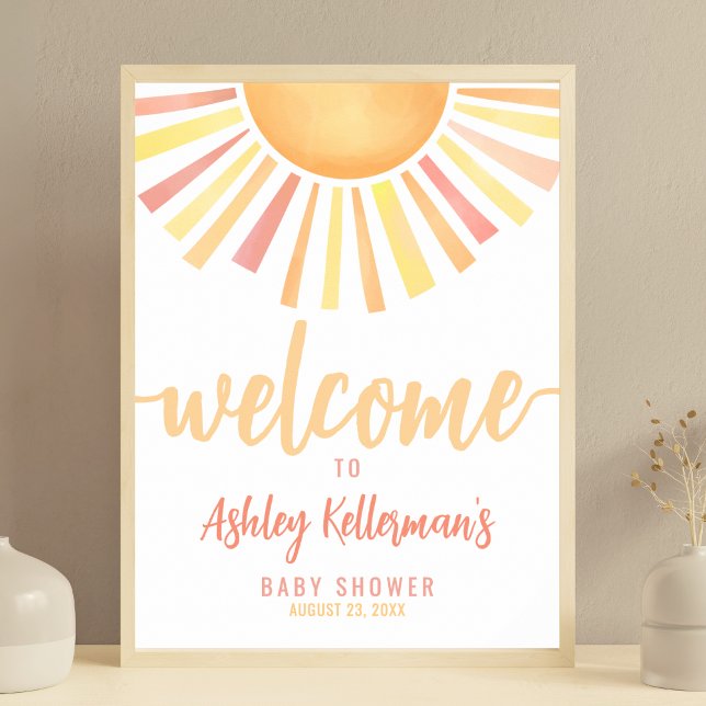 Poster Sinal de boas-vindas do Chá de fraldas Sun Rosa (Sunshine Pink Sun Baby Shower Welcome Sign)