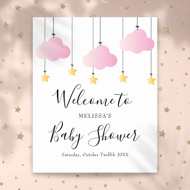 Poster Sinal de boas-vindas do Chá de fraldas Twinkle Pin (Twinkle Twinkle Pink Girl Baby Shower Welcome Sign)