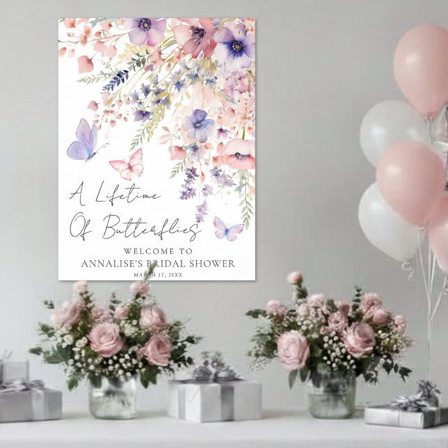 Poster Sinal de Boas-Vindas do Chá de Noiva Borboleta Flo (Butterfly Wildflower Bridal Shower Welcome Sign )