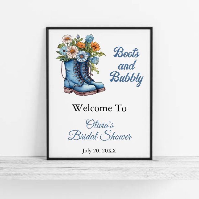 Poster Sinal de boas-vindas do Chá de panela Boots & Bubb (Boots & Bubbly Blue Western Cowgirl Bridal Shower Welcome Sign )