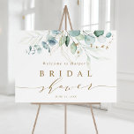 Poster Sinal de boas-vindas do Chá de panela Botânico Dou<br><div class="desc">Este sinal de boas-vindas do chá de panela apresenta cores aquáticas pintadas de eucalipto,  folhas botânicas verdes e douradas com guião dourado.</div>