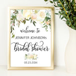 Poster SINAL DE BOAS-VINDAS DO Chá de panela Cor Floral<br><div class="desc">Design floral rústico simples e elegante de cor aquosa (cor d'água) verde verde,  cor-de-rosa-pincel,  bege,  champanhe,  baunilha,  pêssego,  rosas de flores brancas/pénia sobre fundo branco e letras negras. SINAL DE BOAS-VINDAS DO chá de panela de casamento para aquele tema de primavera ou verão.</div>