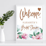 Poster Sinal de boas-vindas do chá de panela de brilho de<br><div class="desc">Um primavera glamouroso moderno ou um chá de panela de verão, sinal de boas-vindas poster com cor d'água, flores cor-de-rosa pinceladas, folhagem verde e folhas de eucalipto, e um estilo clássico, manuscrito e manuscrito, estilo escovado de cobre, escrita à mão, com um script de caligrafia em cobre sobre um fundo...</div>