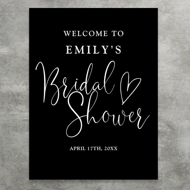 Poster Sinal de boas-vindas do Chá de panela de script pr (Black And White Script Bridal Shower Welcome Sign)