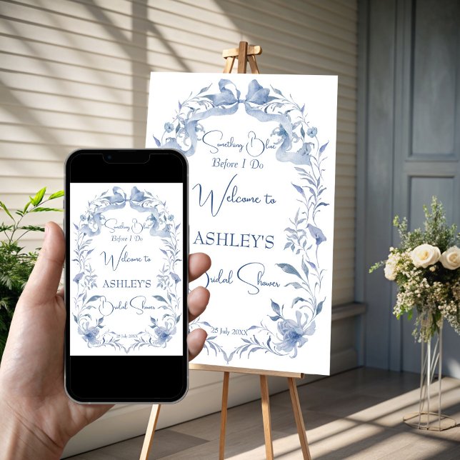 Poster Sinal de boas-vindas do chá de panela elegante azu (Dusty blue vintage floral ribbon bow elegant bridal shower welcome sign poster template download)