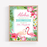 Póster Sinal de boas-vindas do Chá de panela Flamingo Ros<br><div class="desc">O sinal de boas-vindas do chá de panela de casamento / poster apresenta dois bonito flamingos cor-de-rosa com um pequeno quadro de folhas verdes de palma e flores de hibisco tropicais em tons de rosa quente, amarelo-sol e branco. O texto na moda Aloha com o título de banner azul aqua...</div>