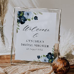 Poster sinal de boas-vindas do chá de panela floral azul-<br><div class="desc">belas flores azuis-claras e azuis-marinho-aquáticas. O texto e as cores neste poster de sinal podem ser editados.</div>