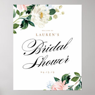 Poster Sinal de boas-vindas do Chá de panela Floral Branc