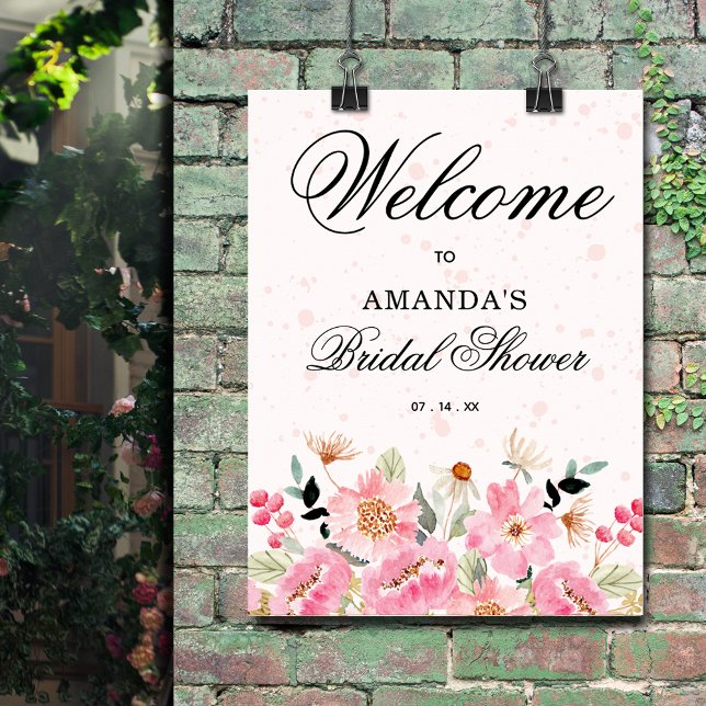 Poster Sinal de boas-vindas do Chá de panela Rosa Wildflo (Pink floral bridal shower  welcome sign poster - PRINTED or INSTANT DOWNLOAD)