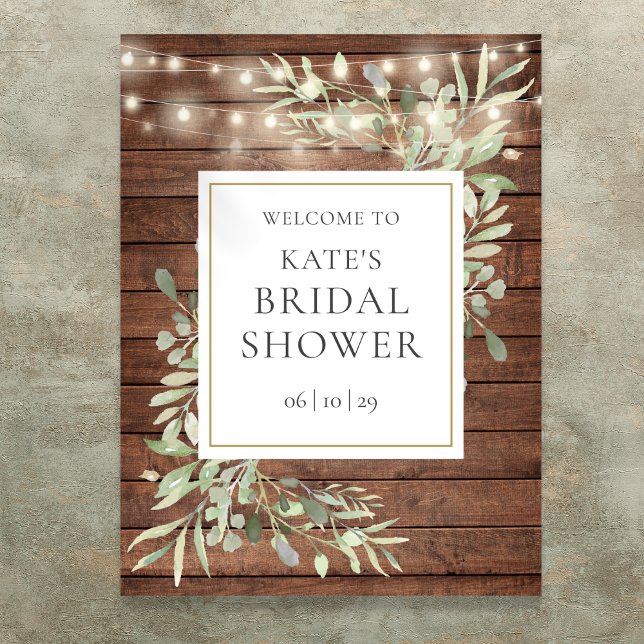 Poster Sinal de boas-vindas do Chá de panela Rustic Light (Rustic Lights Greenery Bridal Shower Welcome Sign)
