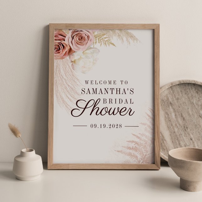 Poster Sinal de boas-vindas do Chá de panela Terracotta P (Pampas Grass Script Bridal Shower Sign Poster)