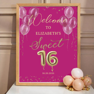 Poster Sinal de Boas-vindas do Gold Foil Sweet 16 Balões