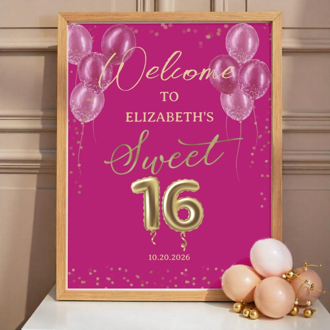 Poster Sinal de Boas-vindas do Gold Foil Sweet 16 Balões  (Criador carregado)