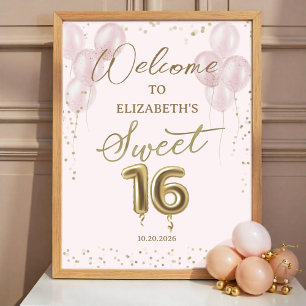 Poster Sinal de Boas-vindas do Gold Foil Sweet 16 Balões 