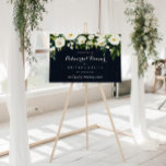 Poster Sinal de Boas-vindas do Janto Horizontal Floral<br><div class="desc">Este sinal de boas-vindas do janto de ensaio horizontal floral é perfeito para um ensaio de casamento rústico. O design apresenta elegantes pedras brancas de aquarela com folhagem verde em fundo azul escuro.</div>