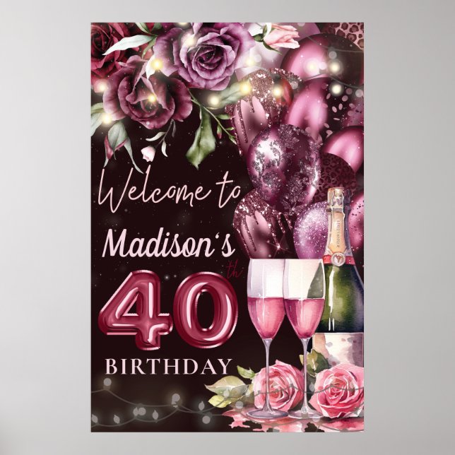 Poster Sinal de boas-vindas do Luxury Wine Magenta aniver (Frente)