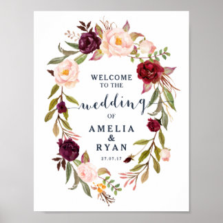 Poster Sinal de boas-vindas do Marinho Floral Burgundy