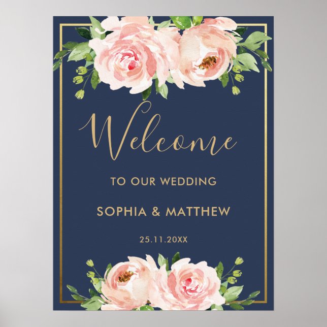 Poster Sinal de Boas-vindas do Marinho Floral do Blush Fl (Frente)