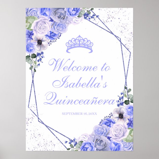 Poster Sinal de boas-vindas do Periwinkle Blue Floral Qui (Frente)