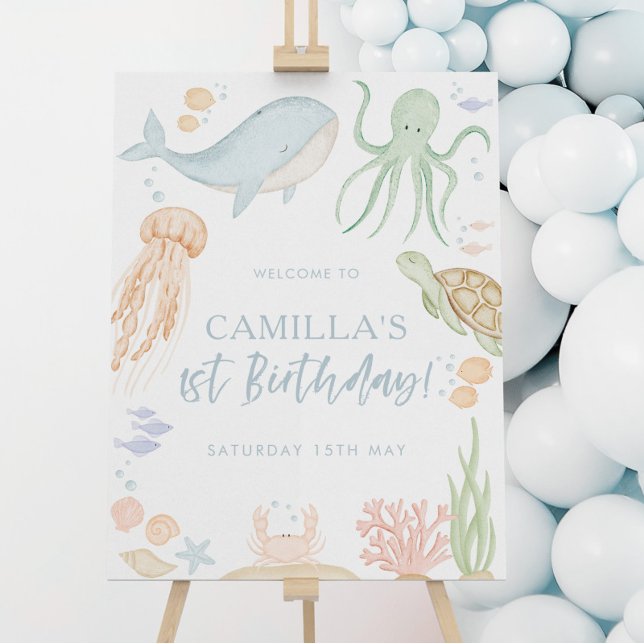 Poster Sinal de boas-vindas do primeiro aniversario do ma (Oneder the Sea | Matching items available for your little ones sea themed 1st birthday party)
