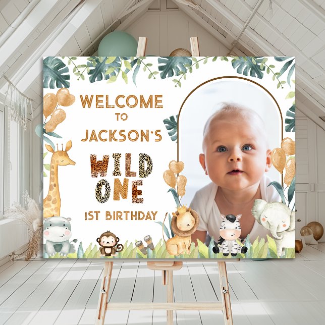 Póster Sinal de boas-vindas do primeiro aniversario Rusti (Boys Safari Wild One Birthday Welcome Sign, Safari 1st Birthday Welcome Poster, Jungle Animals Party)