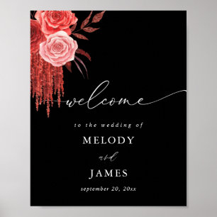 Poster Sinal de boas-vindas do Red Floral - Preto