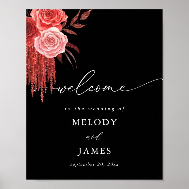 Poster Sinal de boas-vindas do Red Floral - Preto (Frente)