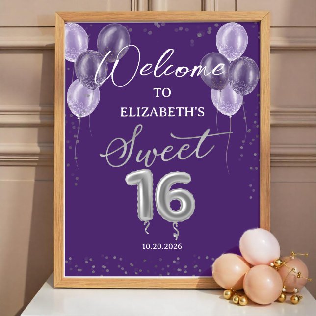 Poster Sinal de boas-vindas do Silver Foil Sweet 16 Balõe (Criador carregado)