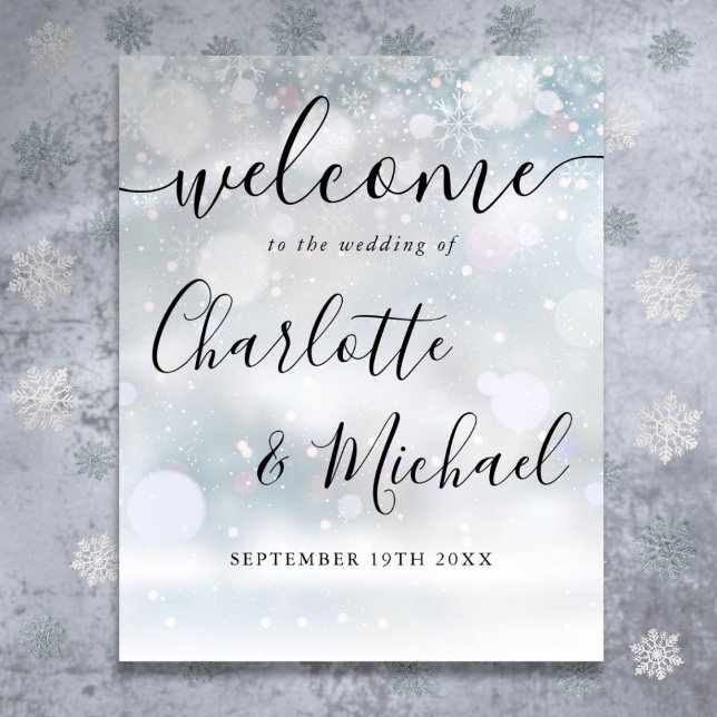 Poster Sinal de Boas-vindas do Sinal de Neve de Inverno (Winter Snow Signature Script Wedding Welcome Sign)