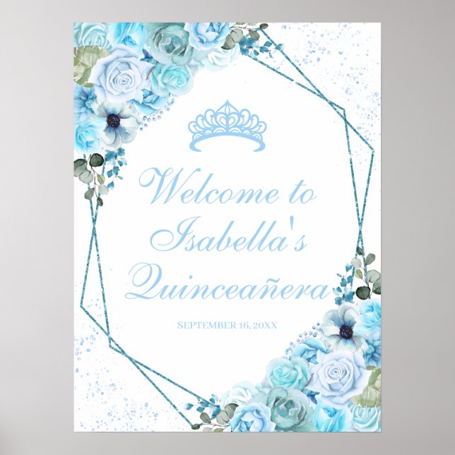 Poster Sinal de boas-vindas do Sky Blue Floral Quinceaner (Frente)