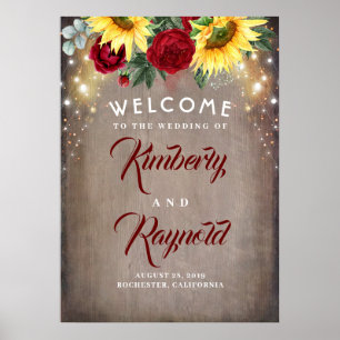 Poster Sinal de boas-vindas do Sunflower e Rosa vermelha