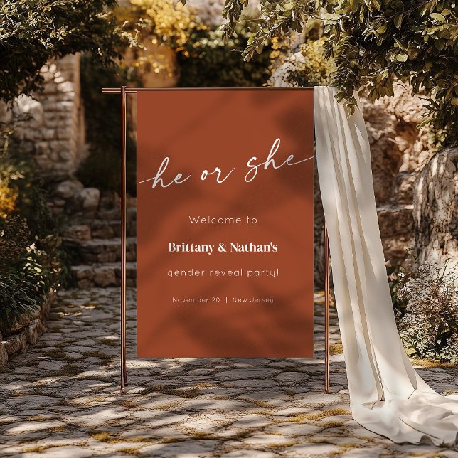 Poster Sinal de Boas-vindas do Terracotta Queimado (Burnt Terracotta Gender Reveal Welcome Sign)