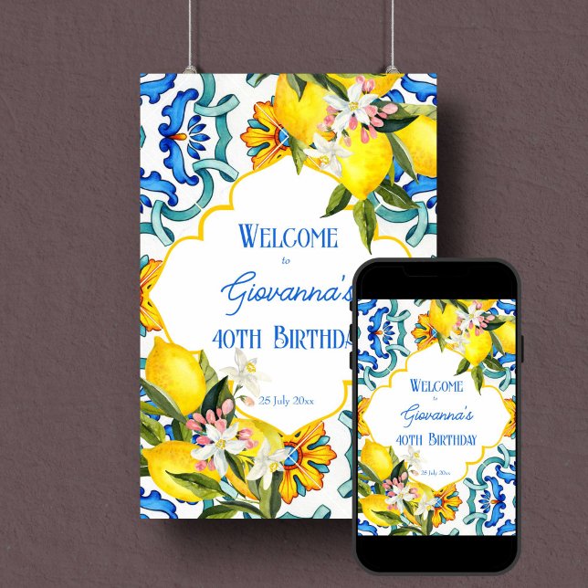 Poster Sinal de boas-vindas dos azulejos-limões da Majoli (Majolica blue tiles lemons birthday welcome sign editable template poster instant digital download)