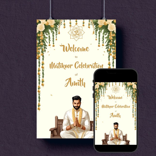 Poster Sinal de boas-vindas dos noivos indianos Matikoor  (Matikoor Haldi Indian wedding grooms editable template welcome sign poster digital download gold)