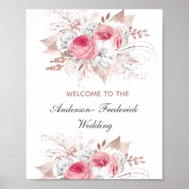Poster Sinal de boas-vindas Dourado Casamento Floral Rosa