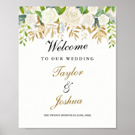 Póster Sinal de Boas-Vindas Dourado Floral Leaf Watercolo