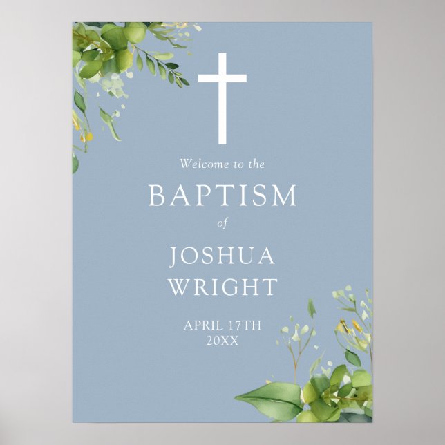 Poster Sinal de Boas-vindas Dusty Blue Greenery Baptism (Frente)