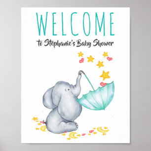 Poster Sinal de Boas-Vindas Elefante Lua e Estrelas Chá d